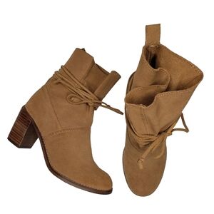 TOMS | Tan Genuine Suede Leather Bohemian Block Heel Wrap Ankle Booties Women 6
